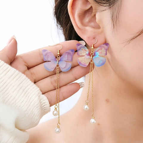 Orecchini Pendenti Nappa Farfalla Ala Tessuto Lega Finta Perla Artificial Zircone Asimmetrici o Sterling Per Donna
