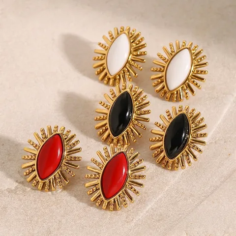 Retro Sunburst Stud Earrings Stainless Steel Gold Plated Marquise Agate Inlay Geometric Boho Jewelry Women Hypoallergenic