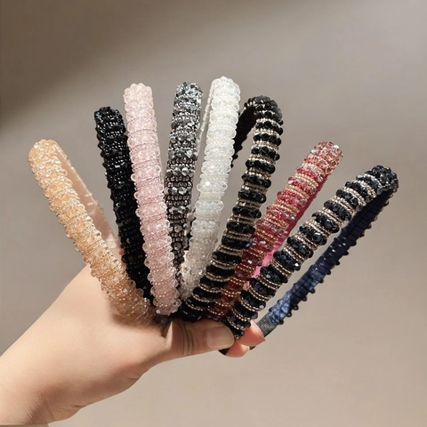 Handmade Crystal Seed Bead Headband Double Row Wide Hair Band Fashion Hair Accessories For Women Girls