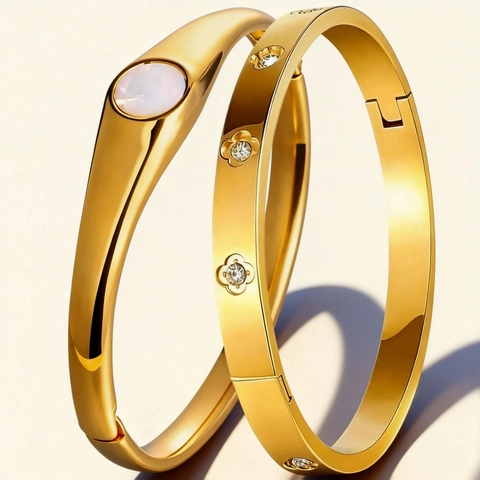 Braccialetto Rigido di Lusso in Acciaio Inossidabile per Donna Con Strass e Perla Artificiale Motivo a Cuore e Trifoglio Gioielli di Moda