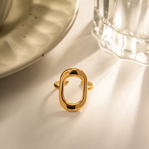 Minimalistischer Edelstahl Hohl Geometrisch Oval Offener Ring Für Damen 18K Vergoldet Verstellbarer Mode Schmuck Geschenk