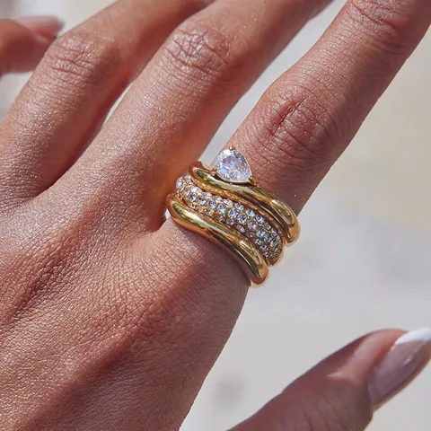 Stainless Steel Gold Rings Zircon Pear Cut Twisted Rope Stackable Water Resistant Hypoallergenic Jewelry For Women
