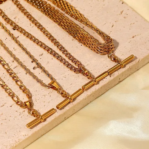 Edelstahl T-Bar Anhänger Halskette 18K Vergoldet Knebelverschluss Panzerkette Figarokette Seilkette Punk Hip Hop Schmuck Für Damen