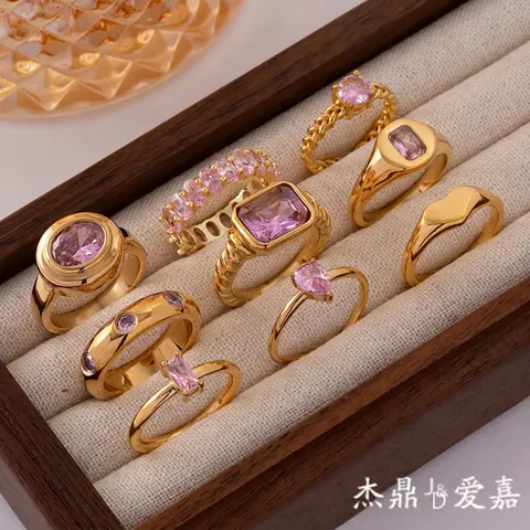 Anillo de Acero Inoxidable con Diamante de Imitación Rosa para Mujer Chapado en Oro Rectangular Corazón Ajustable Joyería