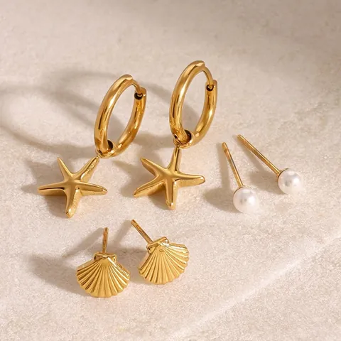 Orecchini a Bottone in Acciaio Inossidabile Oceano Stella Marina Conchiglia Perla Artificiale Gioielli Oro Moda Donna
