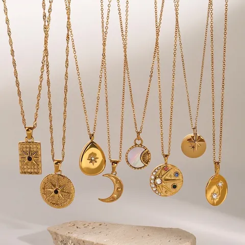 Edelstahl Stern Zirkon Anhänger Halskette Vergoldet Bohemian Celestial Sonne Mond Kompass Schmuck Für Damen