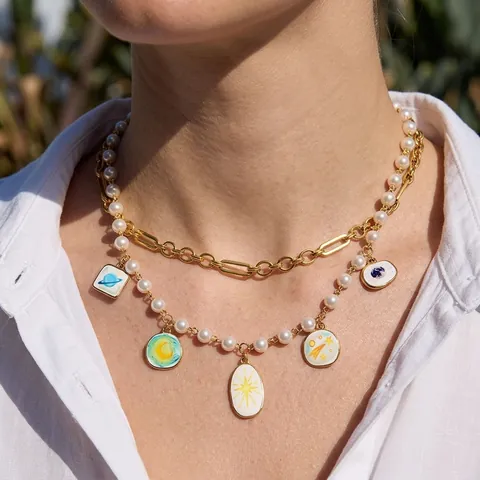 Collar De Capas De Acero Inoxidable Perla Artificial De Imitación Espacio Planeta Saturno Luna Dijes Esmalte Joyería Astronomía Mujer