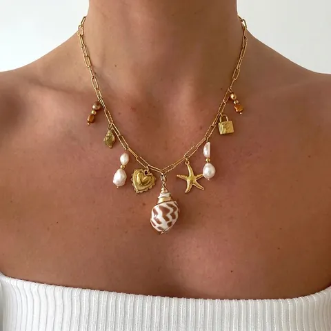 Ocean Charm Necklace Stainless Steel Gold Plated Shell Starfish Heart Lock Artificial Baroque Pearl Waterproof Jewelry For Women