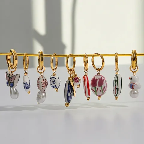 Stainless Steel Hoop Drop Earrings With Ceramic Floral Charms And Imitation Artificial Pearl Gold Plated Hypoallergenic For Women