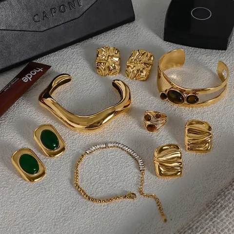 Collana Orecchini Bracciale Anello Acciaio Inossidabile Occhio Di Tigre Pietra Preziosa Verde Impermeabile Vintage Donna