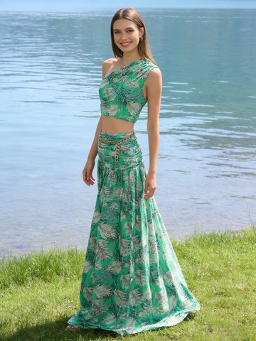 Asymmetrische Crop Top En Hoge Taille Maxi Rok Tropische Palmprint Satijn Zomer Strand Vakantie Vrouwen