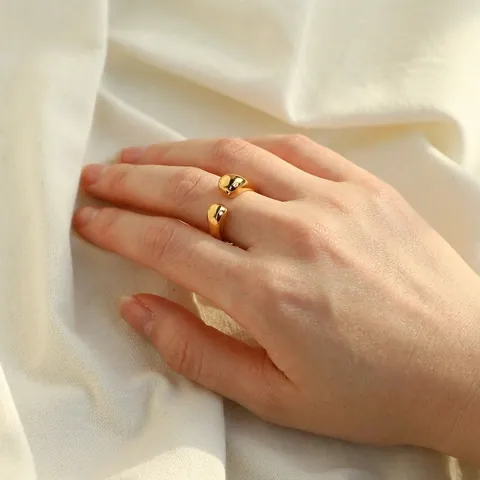 Minimalist Liquid Teardrop Open Ring 316L Stainless Steel 18K Gold Plated Adjustable Chunky Polished Jewelry For Women