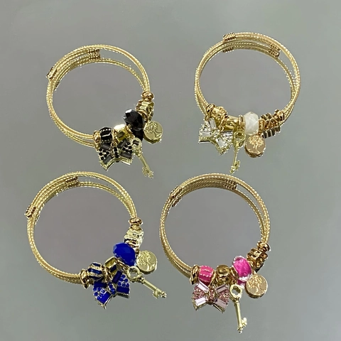 Gold Stainless Steel Bracelet For Women Rhinestone Bow Knot Tree Of Life Key Pendant Adjustable Charm Bangle Fashion Jewelry