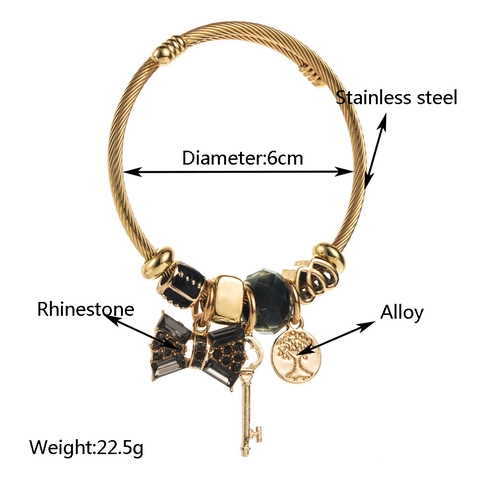 Gold Stainless Steel Bracelet For Women Rhinestone Bow Knot Tree Of Life Key Pendant Adjustable Charm Bangle Fashion Jewelry