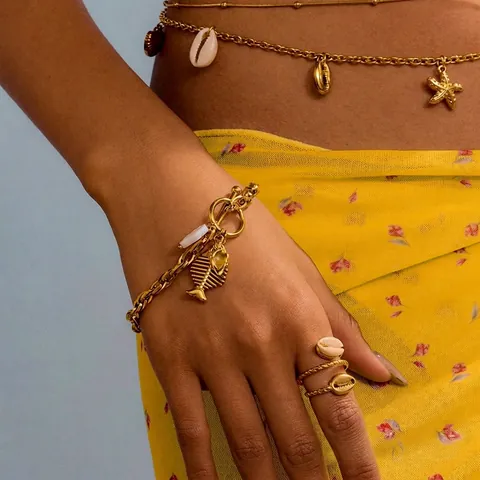 Bracciale In Acciaio Inossidabile Con Ciondolo A Conchiglia E Lisca Di Pesce Tema Oceano Stile Boho Impermeabile