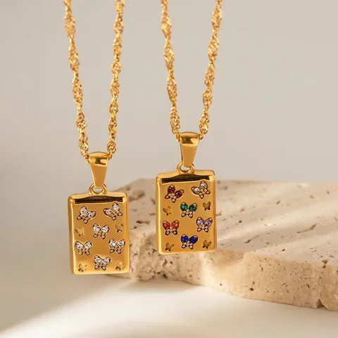 Vintage INS Style 18K Gold Plated Stainless Steel Square Butterfly Pendant Necklace With Cubic Zirconia For Women