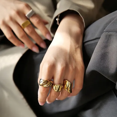 Wide Band Ring 18K Gold Plated Stainless Steel Hammered Ripple Texture Irregular High Polished Minimalist Jewelry For Women