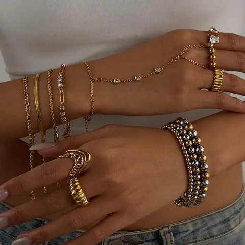 18K Vergoldetes Edelstahl Schmuckset Zirkonia Verstellbarer Ring Gliederkette Halskette Armband Für Damen Elegant