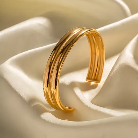 18K Gold Plated Stainless Steel Double Layer Ribbed Cuff Bracelet Geometric Minimalist Fashion Jewelry For Women Everyday Wear