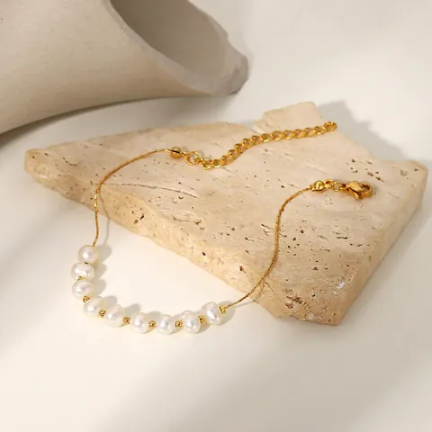 18K PVD Gold Plated Stainless Steel Freshwater Pearl Bracelet For Women Elegant Adjustable Chain Bangle Jewelry Gift
