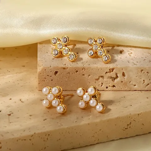 Kruis Oorknoppen Roestvrij Staal Met Zirkonia En Kunstparels Verguld Elegant Mode Sieraden Voor Dames