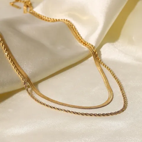 Minimalist Stainless Steel Double Layer Necklace For Women Gold Plated Flat Snake Chain And Twisted Rope Chain Jewelry