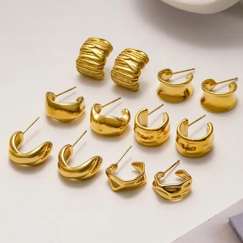Geometric Stainless Steel Hoop Earrings For Women Minimalist Waterproof Hypoallergenic Chunky Texture C-Shaped Studs