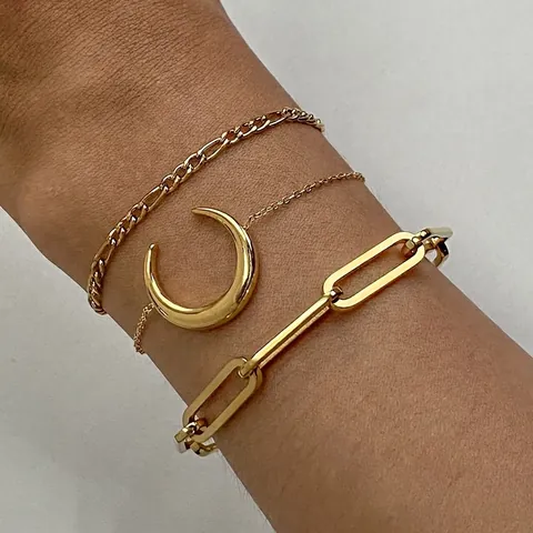 Ensemble De Bracelets En Acier Inoxydable Or 18K Plaqué Chaîne Trombone Gourmette Pendentif Croissant De Lune Femmes