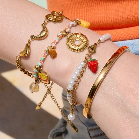 Edelstahl Armband Mit Frucht Essen Herz Anhängern Künstliche Perlen Buntes Gewebtes Seil Boho Stil Für Damen Wasserdicht