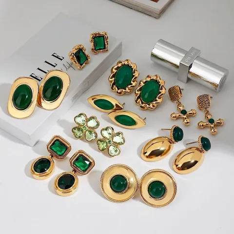 Vintage Geometric Stud Earrings For Women Stainless Steel Gold Plated Green Stone Waterproof Hypoallergenic Luxury Jewelry