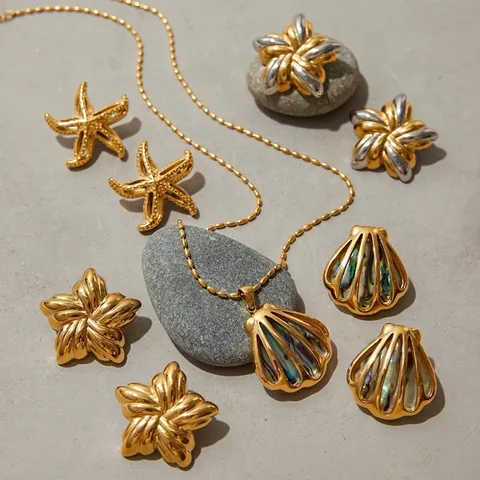 Stainless Steel Abalone Shell Necklace And Earrings Seashell Starfish Marine Theme Gold Plated Jewelry Luxury For Women