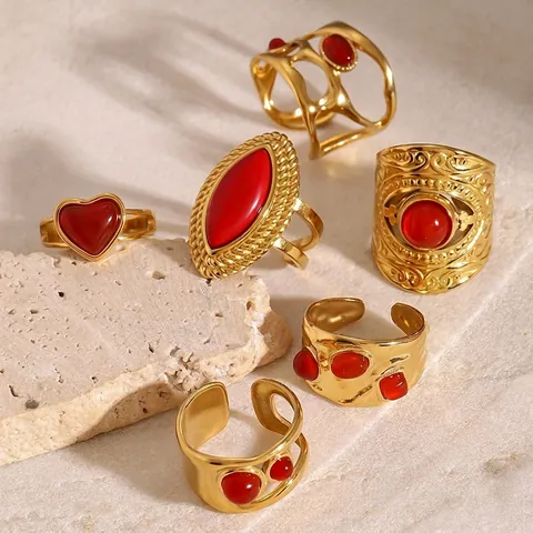 Böhmisch Edelstahl Gold Roter Achat Offene Ringe Für Damen Vintage Übertrieben Verstellbarer Geometrischer Fingerring Wasserdicht Schmuck