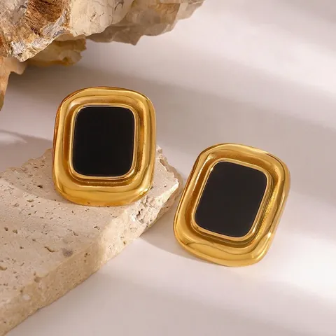 Square Stud Earrings Stainless Steel Black Resin Retro French Style Waterproof Hypoallergenic For Women Geometric