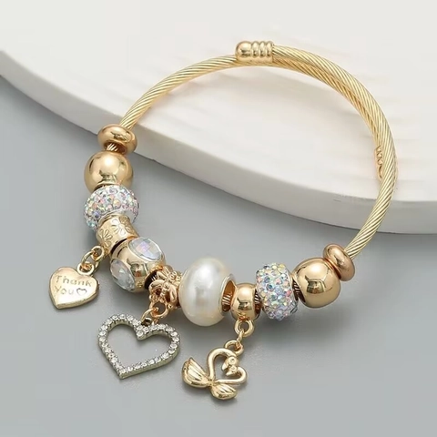 Fashion Stainless Steel Gold Plated Beaded Bracelet With Heart Swan Pendant Rhinestone Crystal Adjustable Bangle For Women