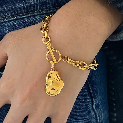 Gold Plated Stainless Steel Chunky Chain Bracelet For Women Irregular Molten Pendant OT Buckle Minimalist Geometric Jewelry
