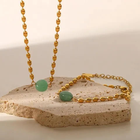 Collier À Chaîne De Perles Ovales Dorées Rétro Français Avec Pendentif En Pierre Naturelle Verte Pour Femmes Bijoux Vintage