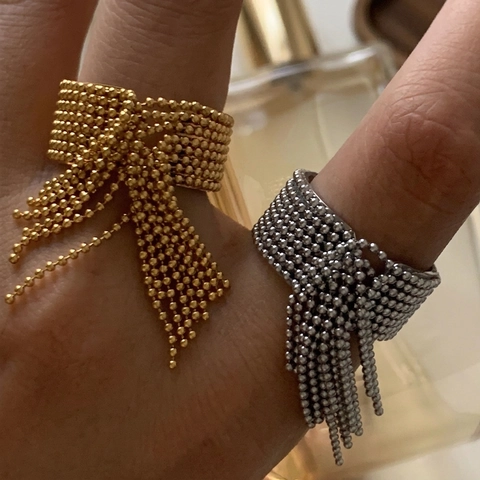 Stainless Steel Tassel Open Ring Adjustable Beaded Bowknot Design Waterproof Hypoallergenic Luxury Fashion Jewelry Women