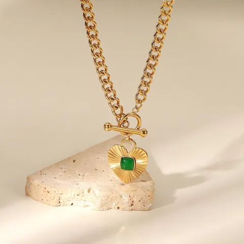 Collana Con Pendente A Cuore Acciaio Inossidabile Pietra Verde Placcato Oro Chiusura A T Catena Cubana Retro Donna