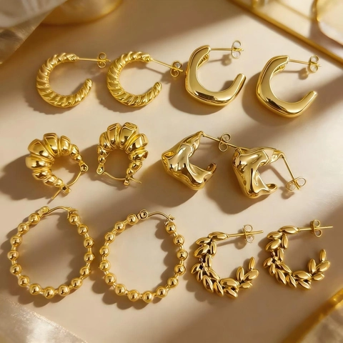 Stainless Steel Hoop Earrings 18K Gold Plated C Shape Geometric Wheat Ear Croissant Liquid Metal Texture For Women