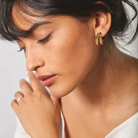 C-Shaped Double Layer Hoop Earrings Stainless Steel 18K Gold Plated Geometric Hollow Lines Minimalist Trendy Jewelry For Women