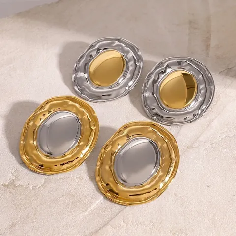 Vintage Geometric Oval Ear Studs Stainless Steel Bicolor Gold Silver Hammered Texture Waterproof Hypoallergenic Jewelry