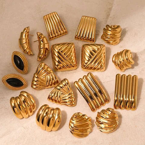 Ribbed Wave Geometric Stud Earrings Stainless Steel 18K Gold Plated French Retro Textured Minimalist Jewelry For Women