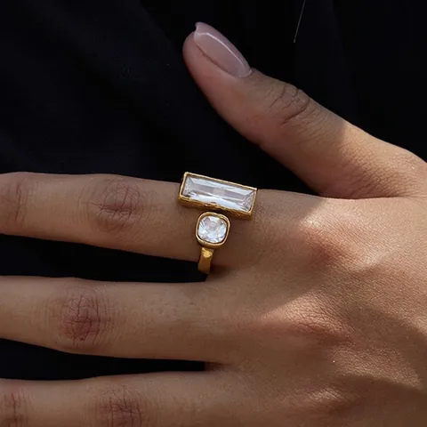Edelstahl Ring 18 Karat Vergoldet Offen Verstellbar Geometrischer Strass Minimalistischer Modeschmuck Für Damen