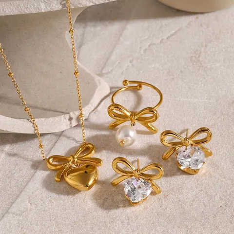 Bowknot Heart Cubic Zirconia Earrings Stainless Steel 18K Gold Plated Artificial Pearl Studs Waterproof Retro Fashion Jewelry For Women