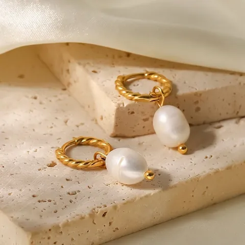 Boucles D Oreilles Pendantes Perles D Eau Douce Femmes Plaqué Or 18K Acier Inoxydable Anneau Torsadé Bijoux Rétro Français