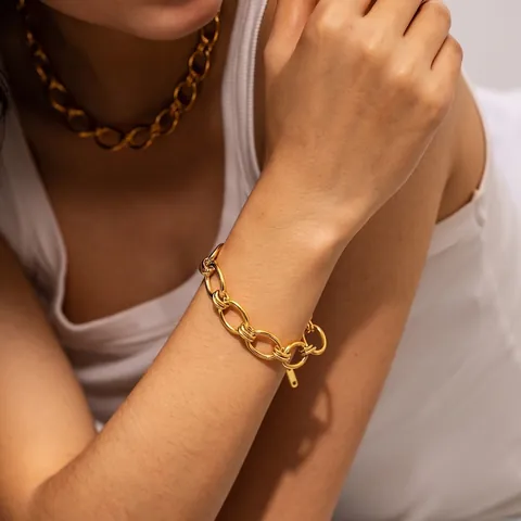 Modern Stainless Steel Chunky Oval Link Chain Necklace And Bracelet 18K Gold Plated Thick Geometric Jewelry For Women