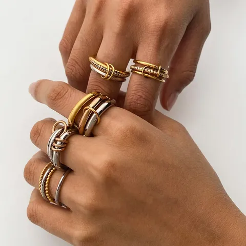 Anillos Apilables De Acero Inoxidable Para Mujer Micro Pavé Circonita Diseño Interconectado Resistente Al Agua