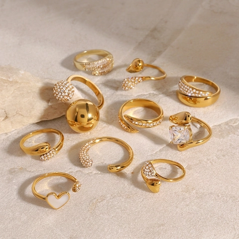 Elegant 18K Gold Plated Stainless Steel Open Ring For Women Adjustable Zirconia Inlaid Luxury Fashion Jewelry