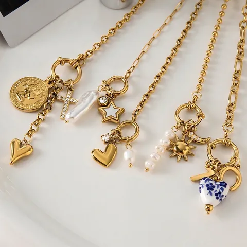 Collier En Acier Inoxydable Avec Perle D'eau Douce Cœur En Céramique Soleil Lune Étoile Breloques Bijoux Femme
