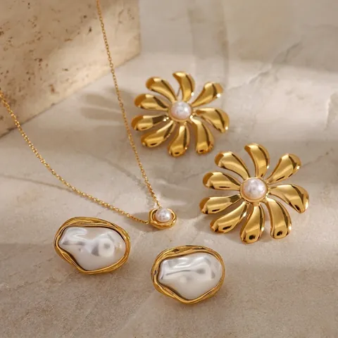 Artificial Baroque Pearl Necklace Earrings And Ring Women Stainless Steel Waterproof Hypoallergenic Elegant Vintage Geometric Jewelry
